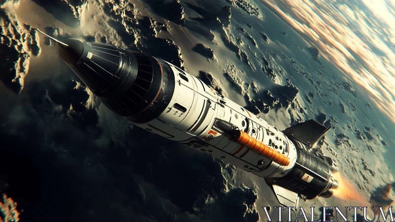 Retro orbital launch vehicle above cloud‑layered planet