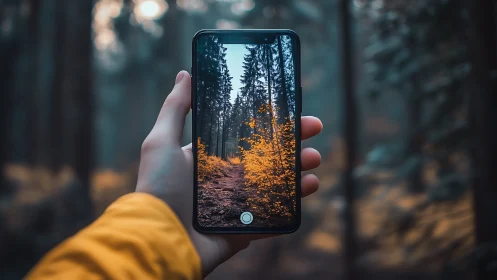 Hand holding smartphone framing autumn forest path scene.