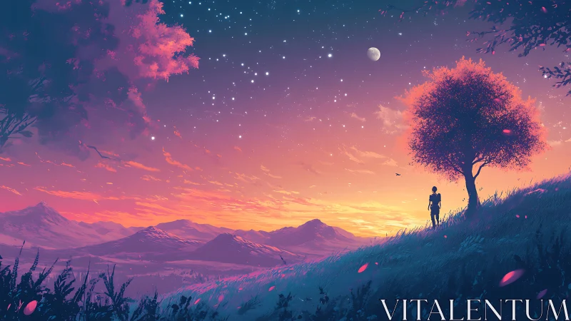 Digital painting of solitary figure beneath starry twilight sky.