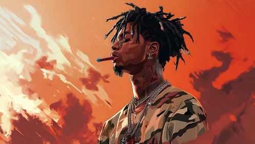 Sky-burnt rebel in camo drifting through molten dusk.