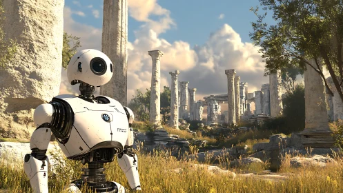 Robot observing ancient stone ruins in sunny landscape.