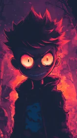 Cartoon boy with glowing eyes before intense fire background.