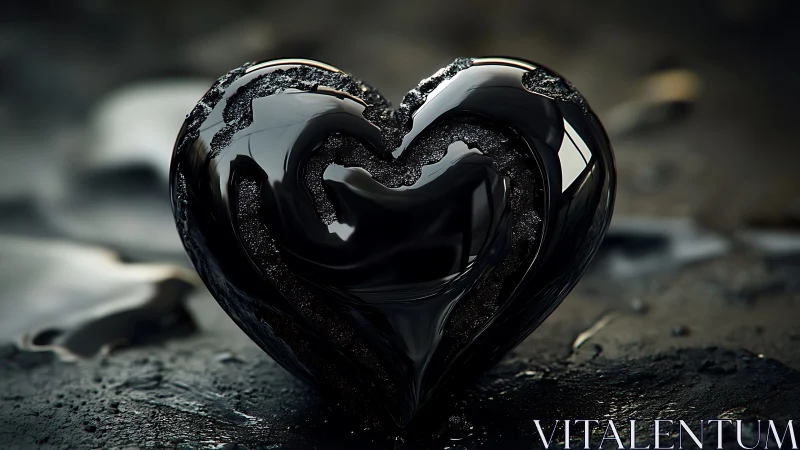 Black Glass Heart on Granular Surface.