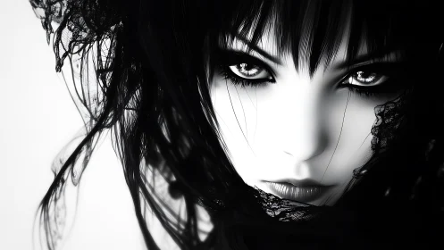 Monochrome gothic portrait with intense reflective eyes.