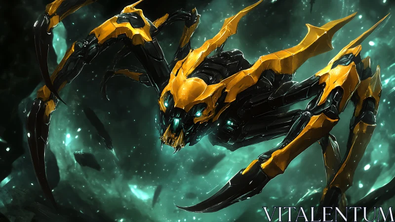 Cybernetic arachnid drone lunges through shattered nebula field