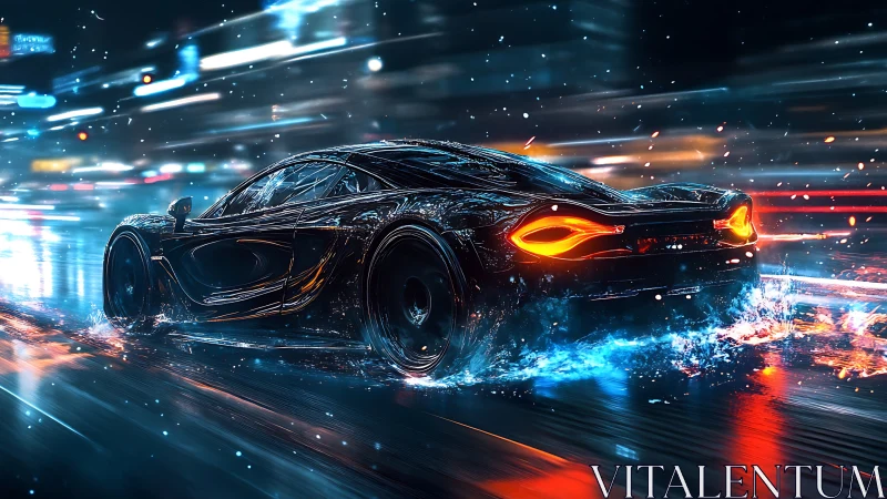 Sleek supercar slices through neon rain on a wet city strip