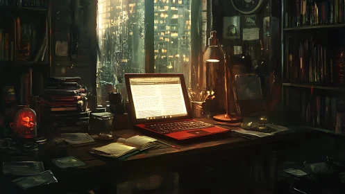 Moody writer desk glows against rain soaked city skyline.