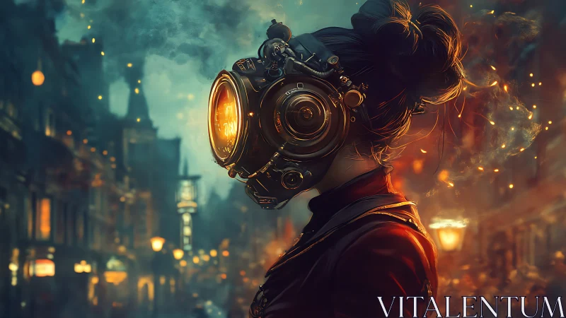Cybernetic woman walks through glowing steampunk city street
