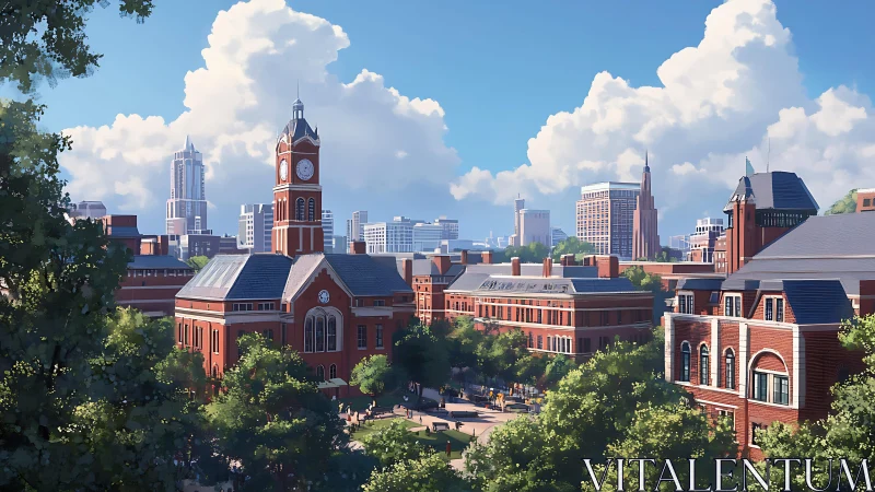 Urban campus courtyard with clock tower and city skyline.