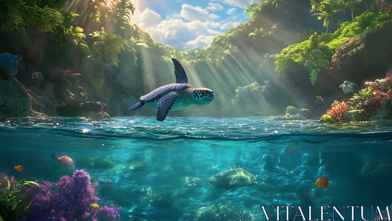 Sunlit sea turtle glides between jungle sky and coral dreams