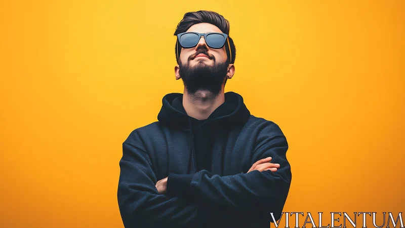 Male figure in hoodie and sunglasses stands before orange backdrop