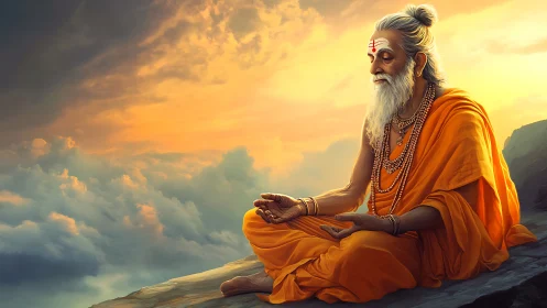 Mountain sage meditating in radiant golden sunset light.