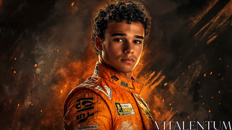 Portrait of racing driver in orange suit on dark backdrop.