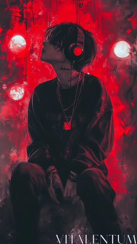 Midnight beats and red neon dreams in a quiet reverie.