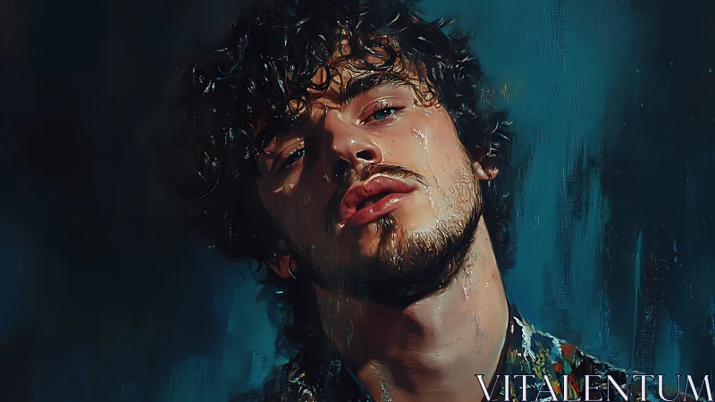 Moody digital portrait of wet curly haired young man.