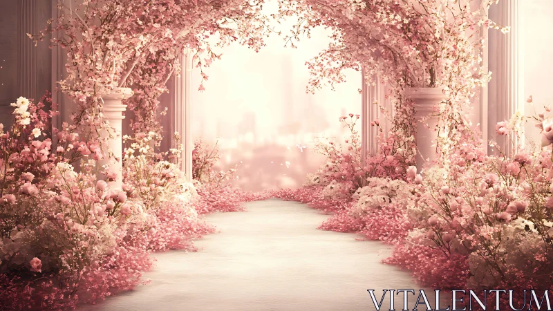 Dreamy blossom archway leading into a soft pink wonderland.
