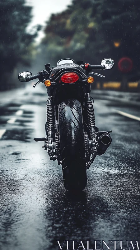 Lone cafe racer idling bold on rain-slicked city asphalt.