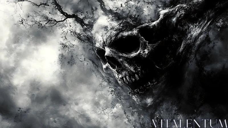 Monochrome skeletal visage emerging from swirling storm clouds
