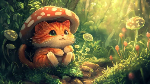 Mushroom-sheltered kitten rests in glowing forest light.