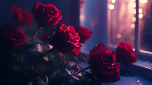 Crimson Roses in Neon Twilight: Romantic Digital Composition.