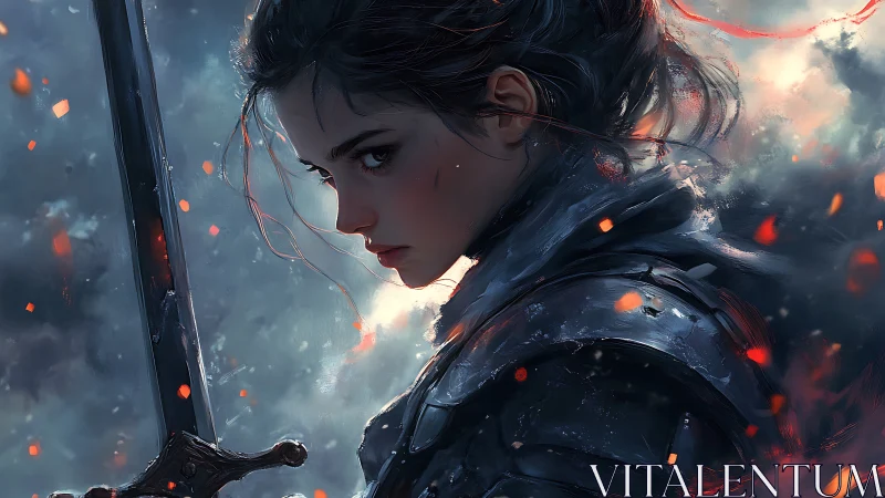 Armored female warrior holds sword amid drifting embers