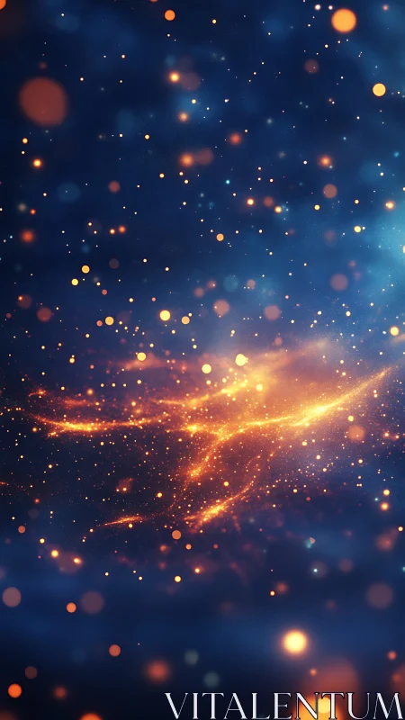 Abstract golden light particles on deep blue background.