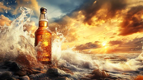 Beer bottle stands in crashing ocean surf at sunset