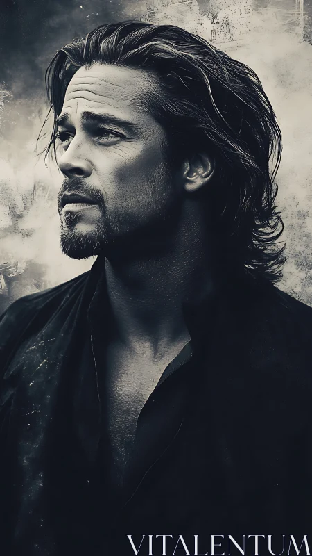 Brooding monochrome portrait of long haired man outdoors.