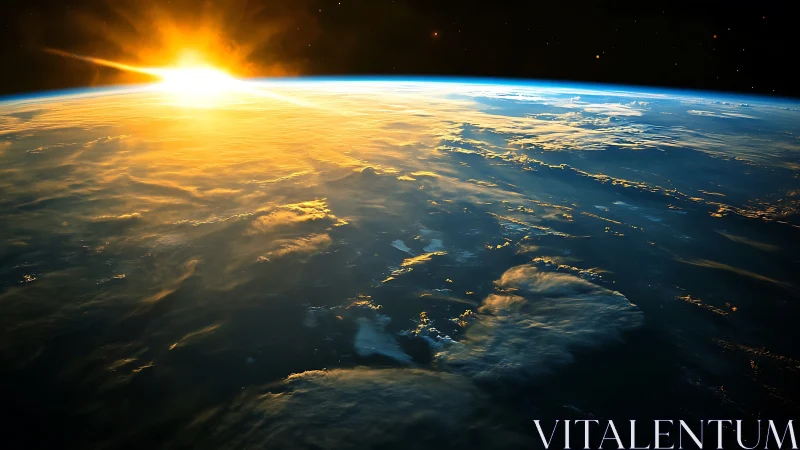 Sunrise over Earth&rsquo;s horizon bathing clouds in golden light.