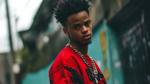 Young man in red sweatshirt with chains in urban setting.