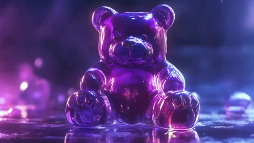Vibrant purple gummy bear in dreamy neon lighting, digital art style.