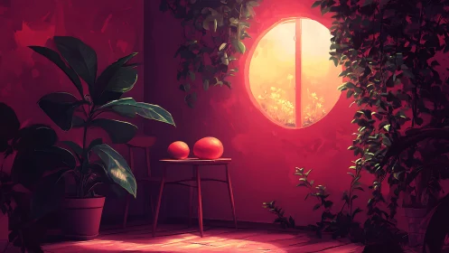Sunlit indoor garden with oranges on wooden table.