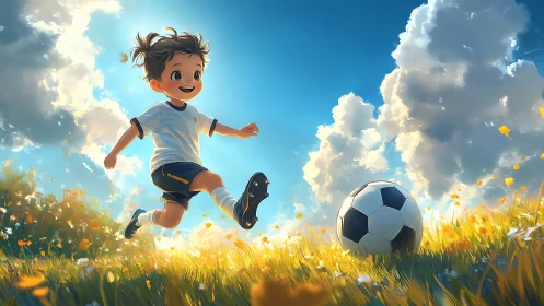 Luminous digital tableau of child sprinting toward sunlit football.