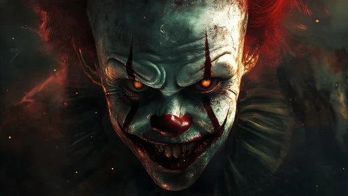 Sinister horror clown glares with fiery, malevolent eyes.