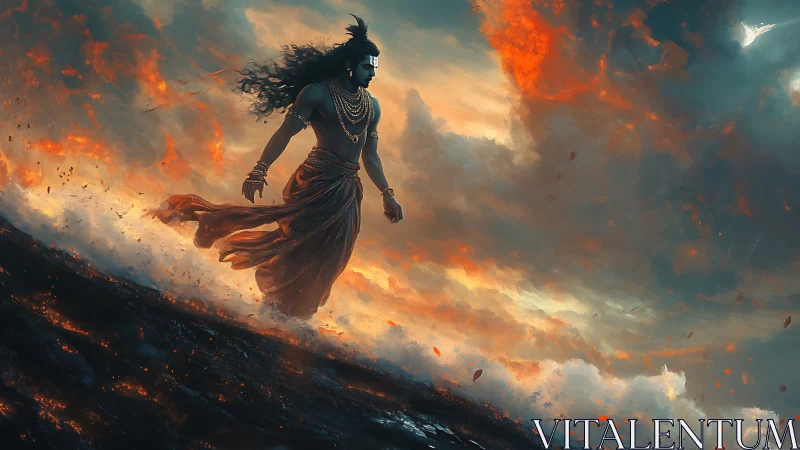 Mythic wanderer strides through firelit storm clouds.