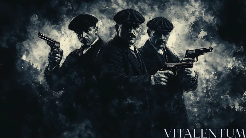 Gritty digital painting of armed gangsters in smoky noir.