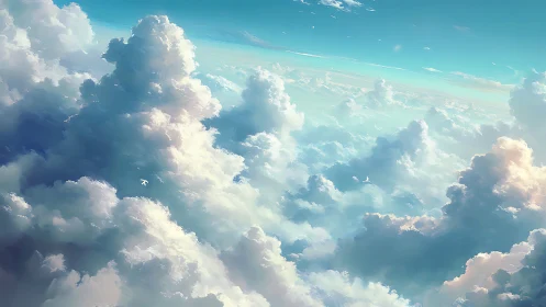 Soaring daylight clouds tower in a tranquil blue sky.