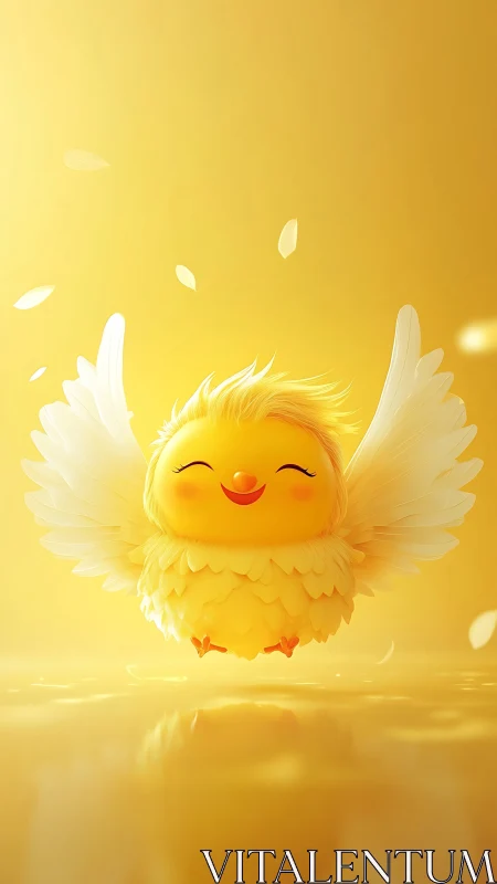 Luminous yellow chick in midair with volumetric wing lighting.
