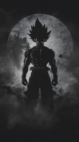 Shadowed anime warrior standing bold before the moon.