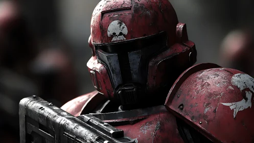 Battle-scarred red sci-fi trooper helmet rendered in 3D realism