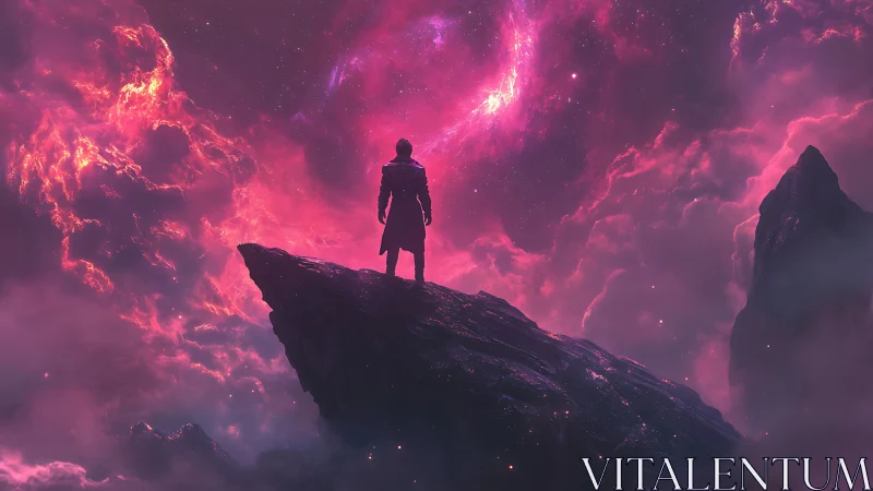 Lone figure on rocky peak under vivid pink cosmic sky.