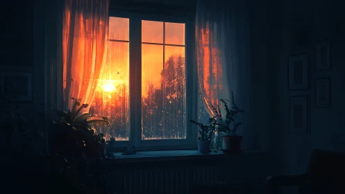 Sunset light through window with plants and sheer curtains.