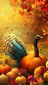 Autumn harvest peacock emerges from glowing pumpkin grove