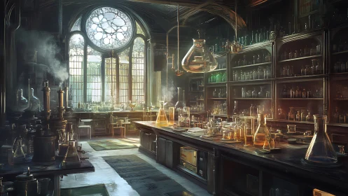 Gothic laboratory interior glows with alchemical glassware