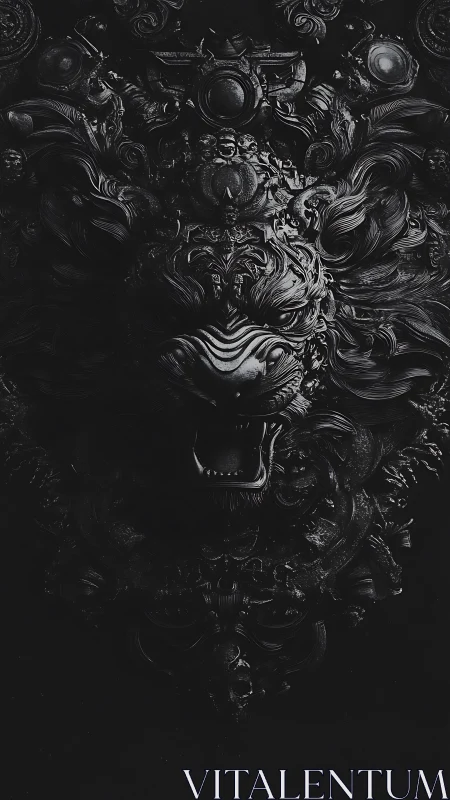 Midnight baroque lion erupts from swirling ornamental shadows