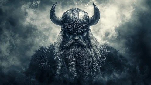 Monochrome Viking warrior portrait with horned helm and braided beard