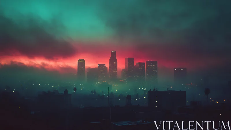 Moody city skyline in dense fog under neon twilight.
