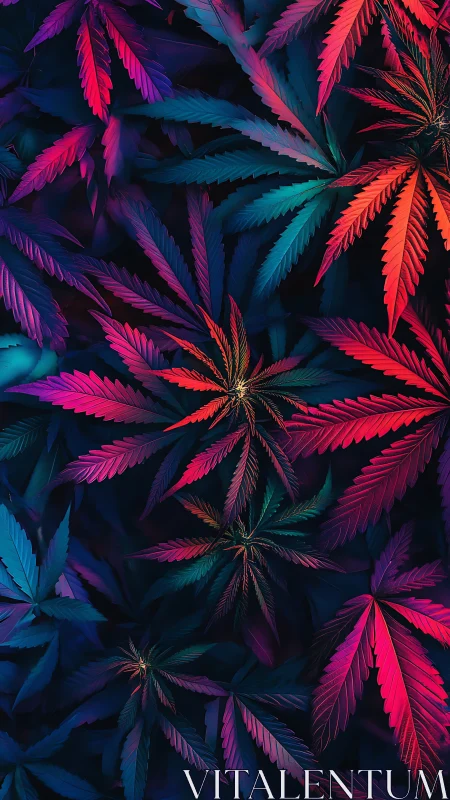 Neon-gradient cannabis leaves form a layered chromatic canopy