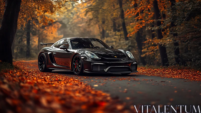 Black sports coupe on forest road amid autumn foliage.