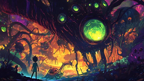 Silhouetted wanderer before colossal neon alien portal.